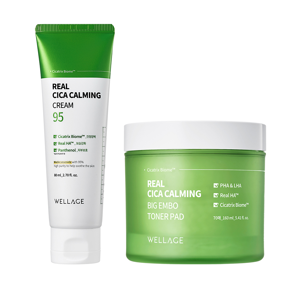 Global Kpop and K-beauty – Wellage Real Cica Calming Big Embo Toner Pad 160ml (70 sheets) + Real Cica Calming 95 Cream 80ml